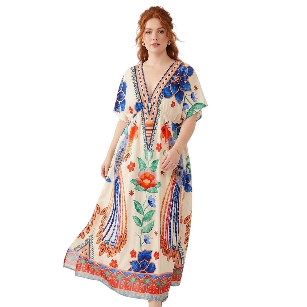 Bohemian Floral Bird Print Maxi Dress Flowy Summer Lightweight Large
